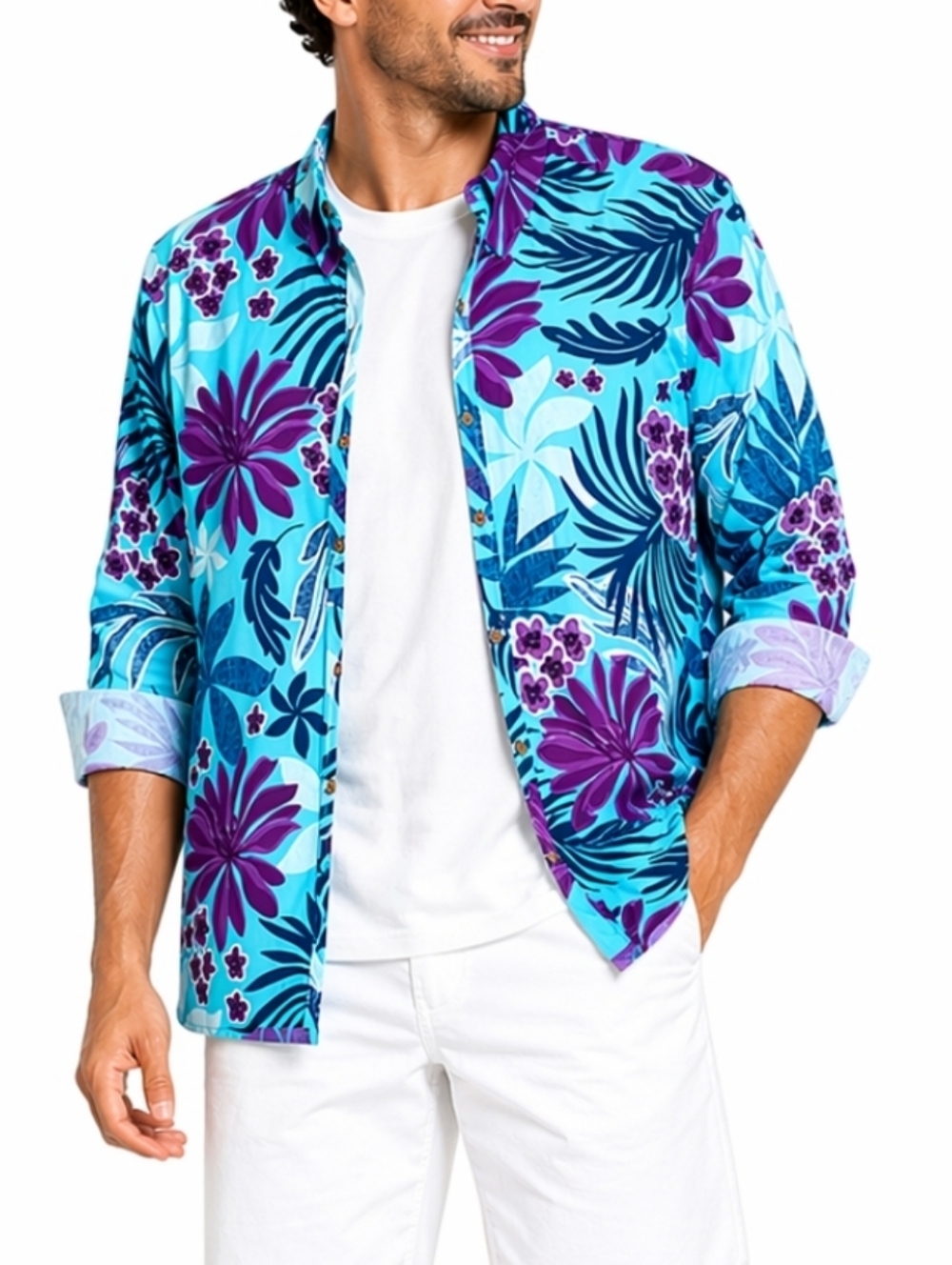 Te'Aito Tahiti Cotton Turquoise Purple Tropical Long Sleeve Button Down Shirt